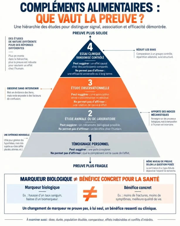 Infographie sur l’efficacité des compléments alimentaires et la hiérarchie des preuves scientifiques