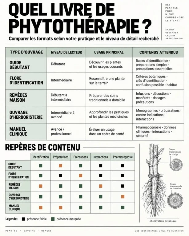 Infographie comparative pour choisir un livre de phytothérapie selon son niveau et son usage