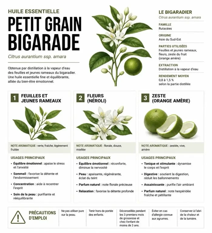 Infographie sur les huiles essentielles petit grain bigarade et les huiles du bigaradier