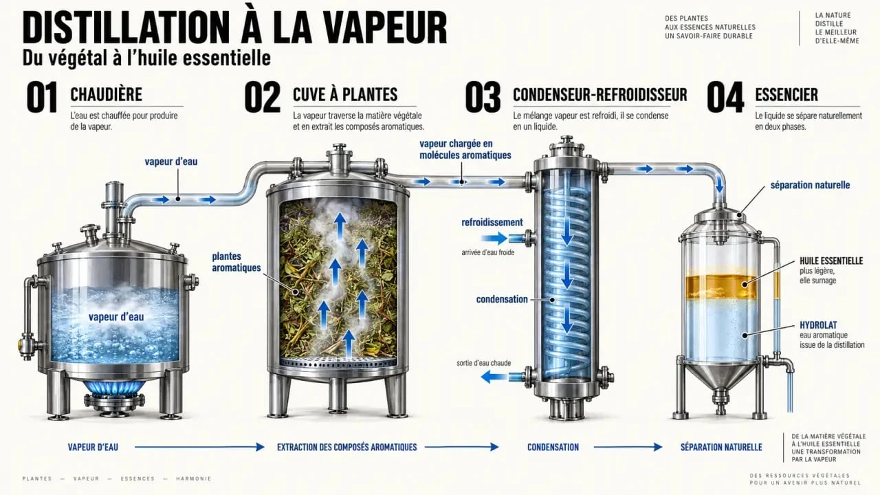 Schéma du circuit d’un distillateur d’huiles essentielles avec séparation de l’hydrolat