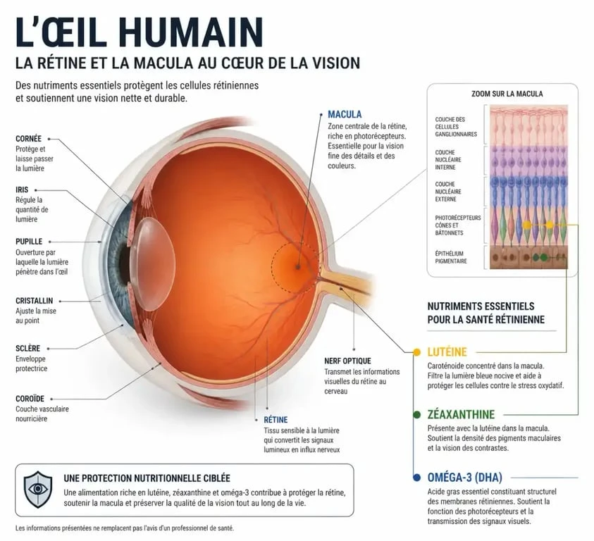 Infographie des nutriments essentiels pour la santé des yeux et la protection de la macula
