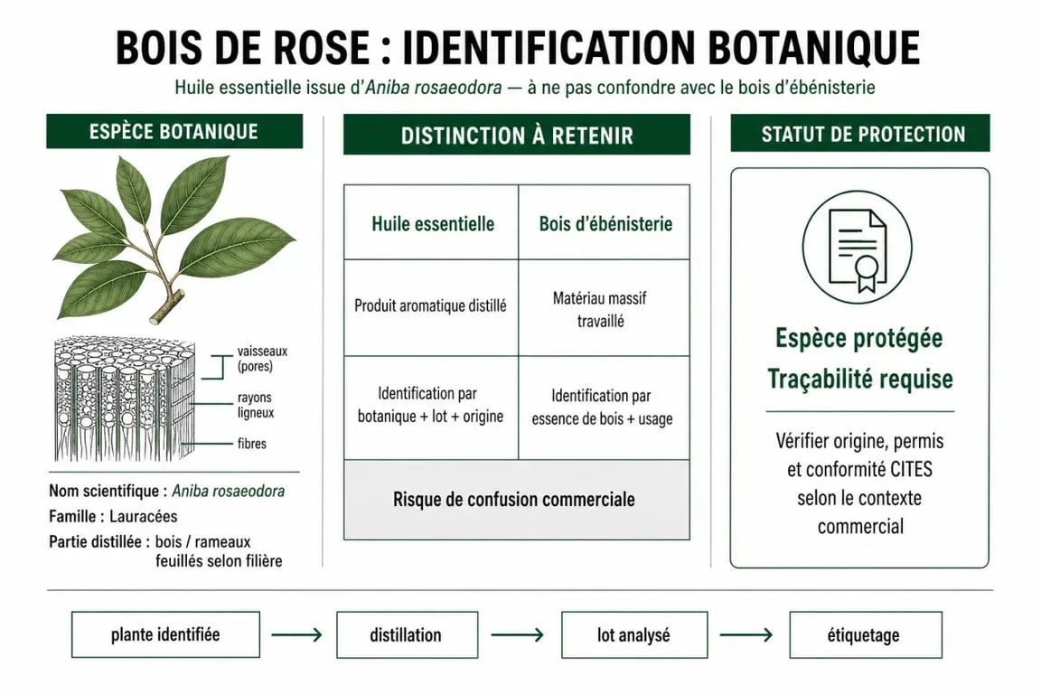 Infographie sur les huiles essentielles bois de rose : identifier Aniba rosaeodora et éviter la confusion avec le bois d’ébénisterie