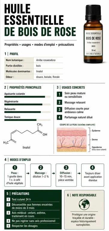 Infographie sur les huiles essentielles bois de rose : propriétés, usages et précautions d’emploi