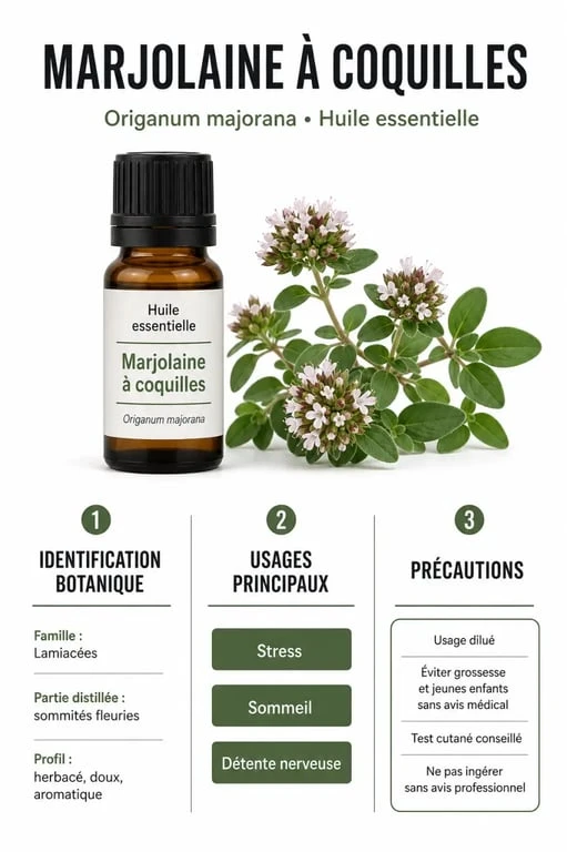 Huiles essentielles marjolaine à coquille : usages, bienfaits et précautions de sécurité