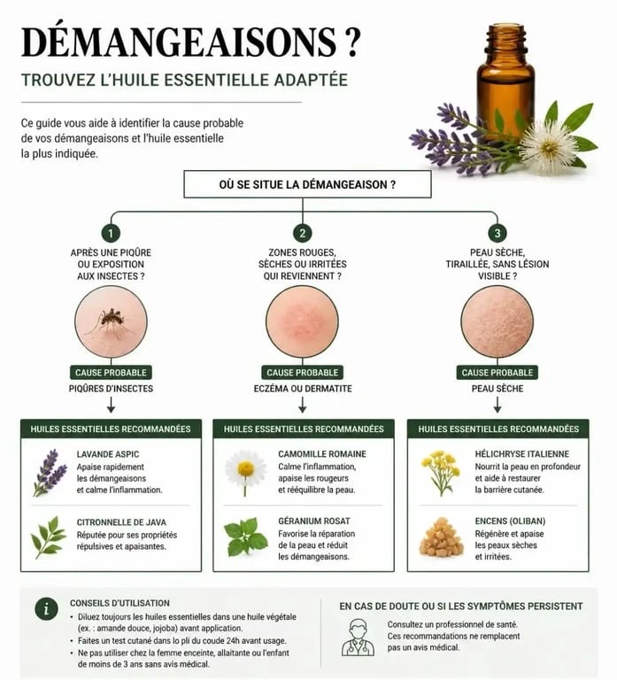 Tableau comparatif des huiles essentielles pour démangeaisons par cause