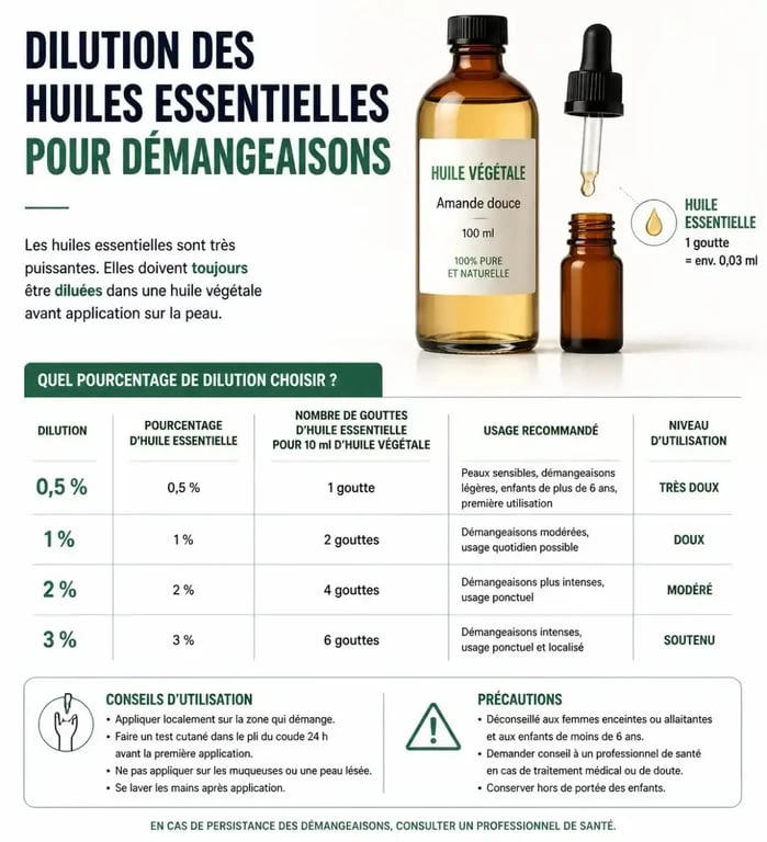 Infographie sur la dilution des huiles essentielles pour démangeaisons
