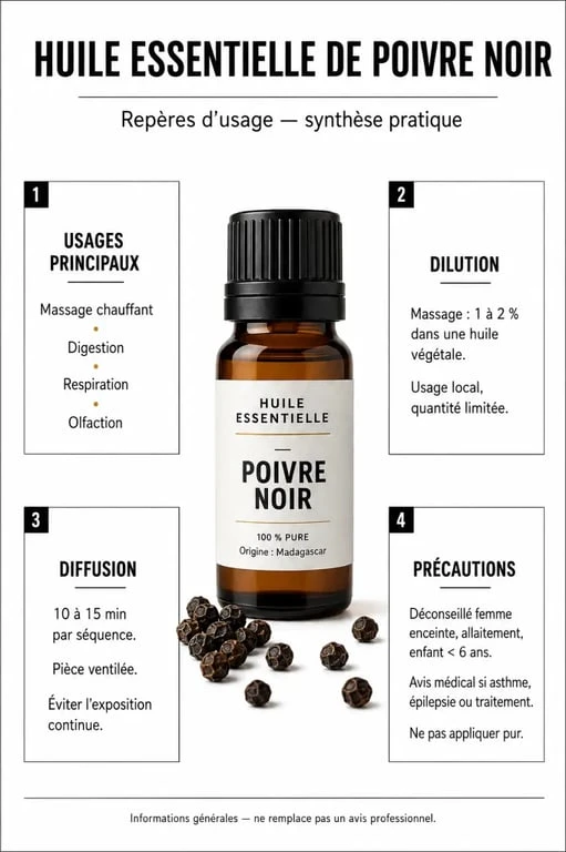 Huiles essentielles de poivre noir : usages, dosages et précautions essentiels