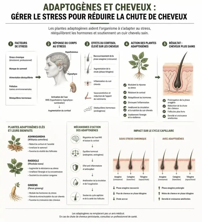 Schéma explicatif des bienfaits des plantes adaptogènes sur la santé capillaire et la chute des cheveux.
