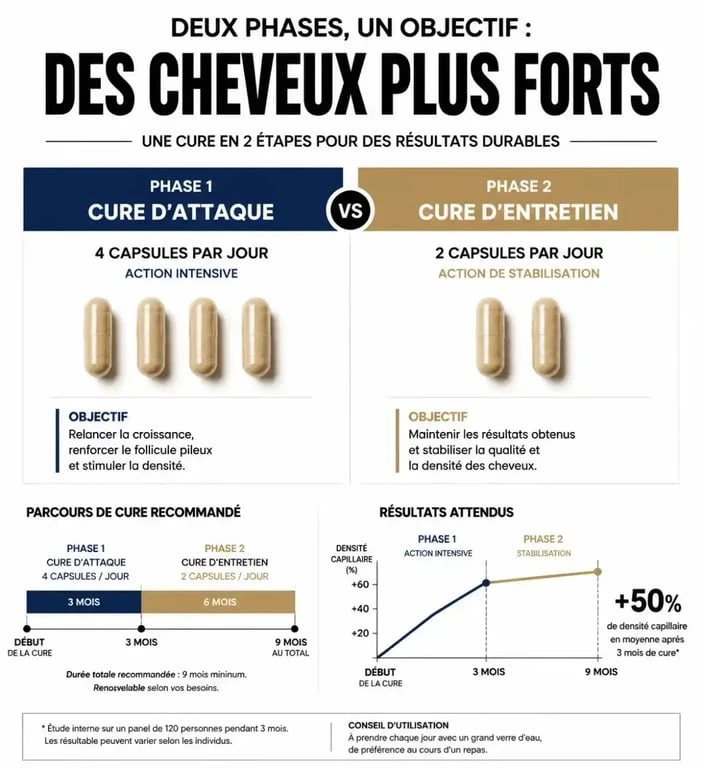 Infographie comparant la cure d'attaque et la cure d'entretien des compléments alimentaires Hygée pour cheveux.