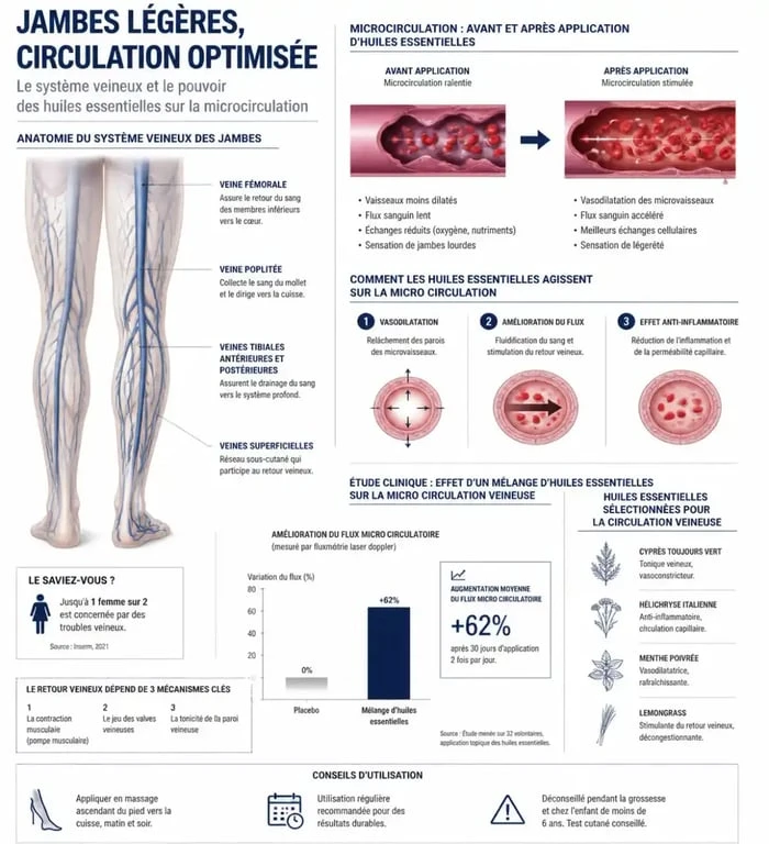 Infographie sur les bienfaits des huiles essentielles pour la circulation sanguine et le retour veineux