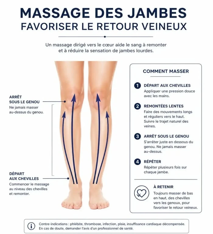 Schéma illustrant le massage des jambes pour améliorer la circulation sanguine et les huiles essentielles