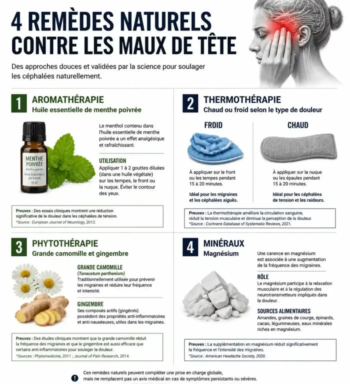 Infographie des remèdes naturels pour les maux de tête : aromathérapie, thermothérapie, plantes et magnésium