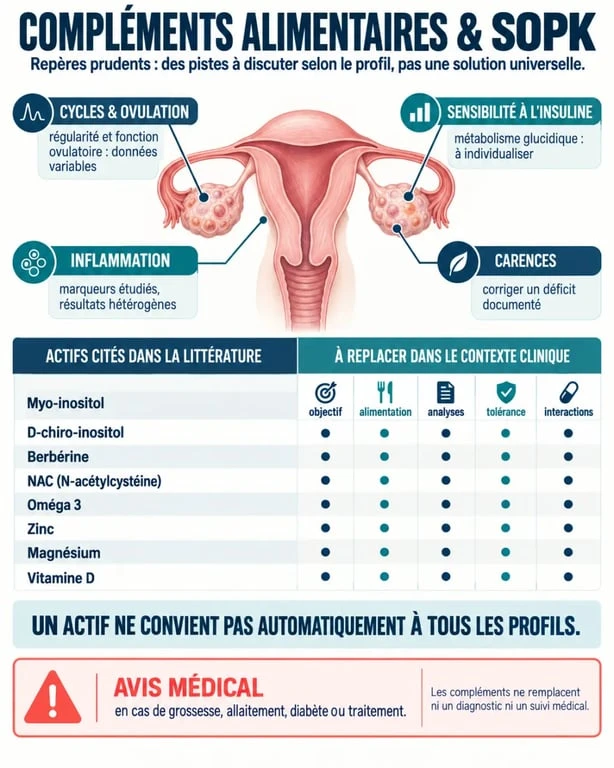 Infographie sur les compléments alimentaires SOPK et leurs objectifs selon les symptômes