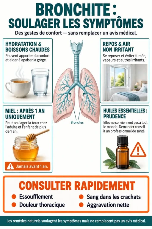 Infographie sur les remèdes naturels contre la bronchite et les signes d’alerte