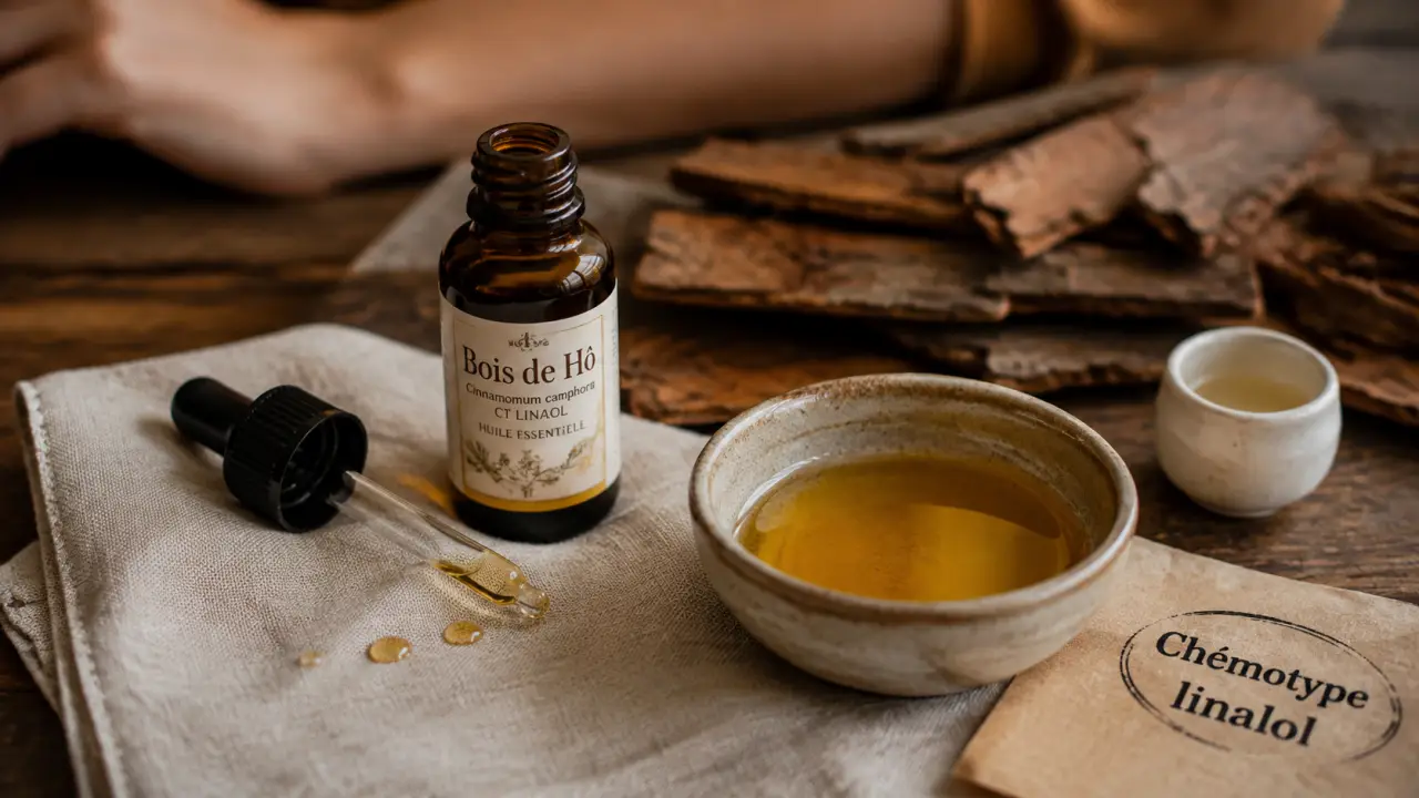 Huiles essentielles bois de ho : flacon et pipette sur serviette en lin