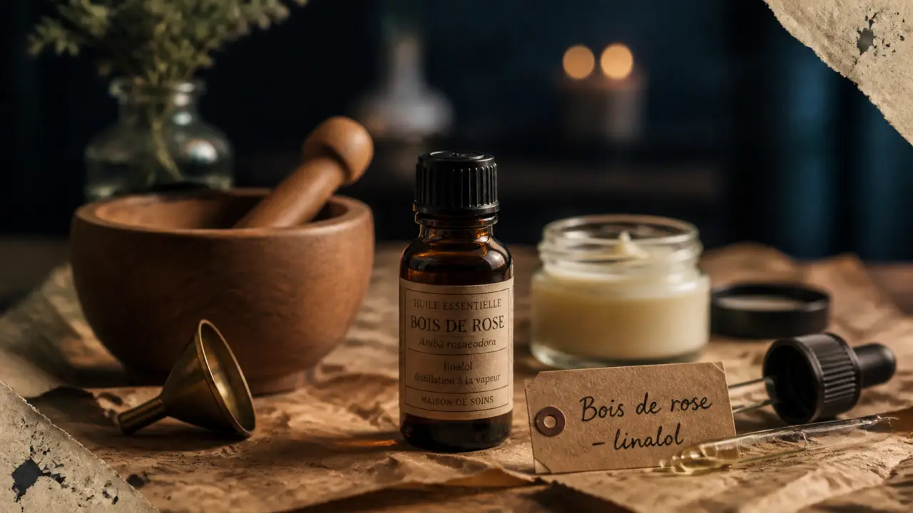 Huiles essentielles bois de rose : flacon ambré, pipette, crème naturelle