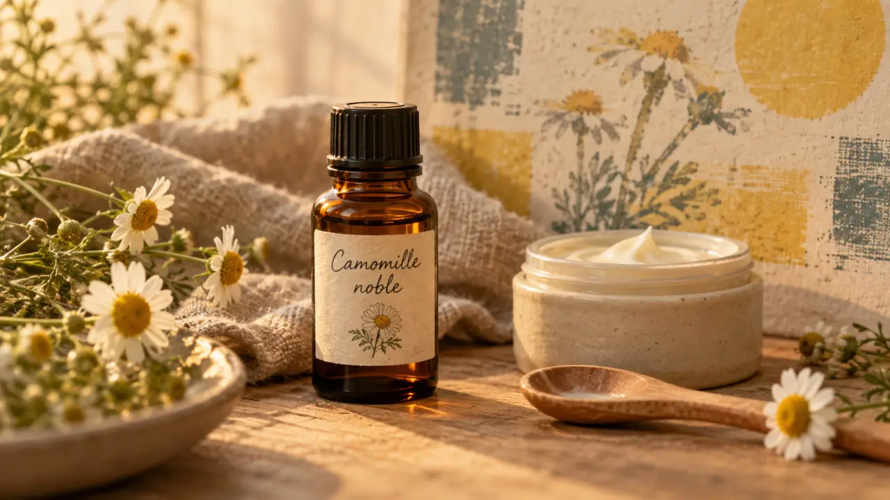 Huiles essentielles camomille romaine : bouteille sur plateau bois et camomille
