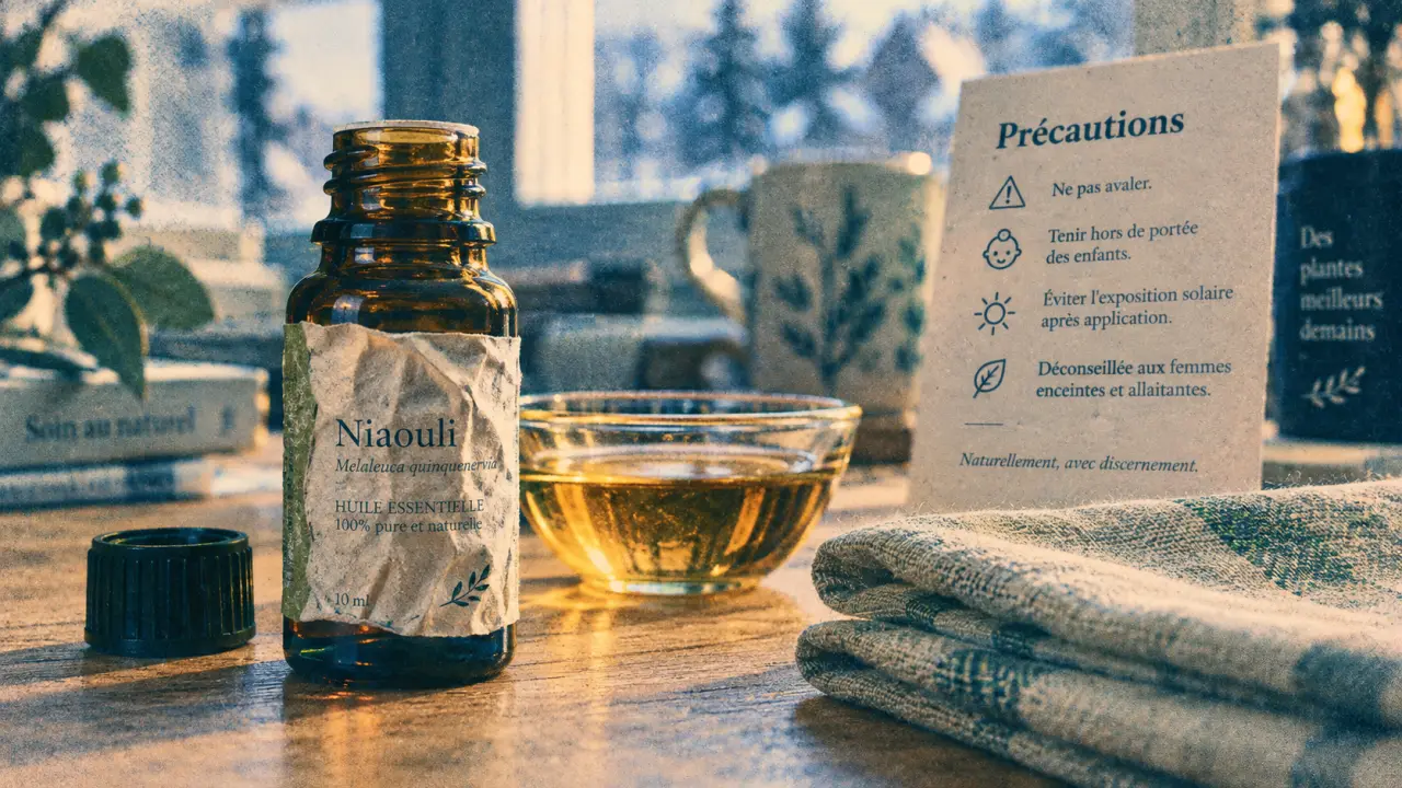 Huiles essentielles niaouli : flacon, huile végétale et précautions d’usage