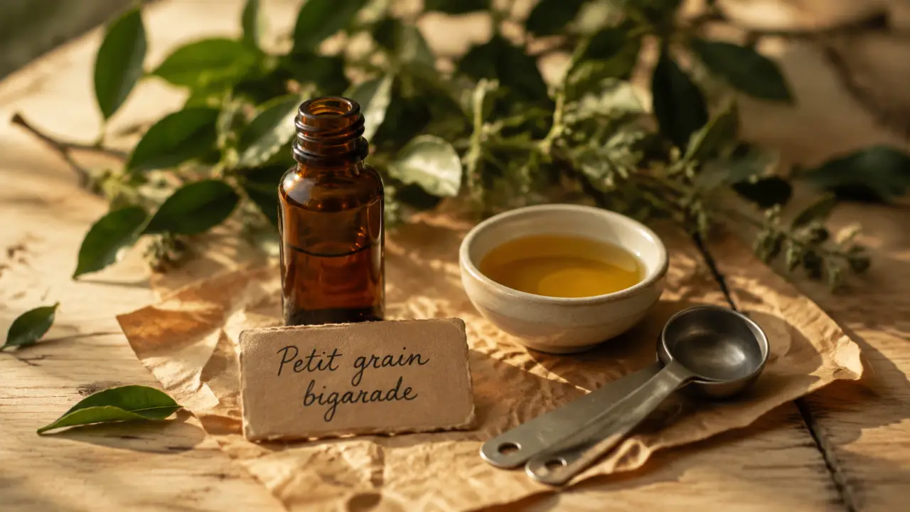 Flacon d’huiles essentielles petit grain bigarade sur table en bois, pour calme et sommeil