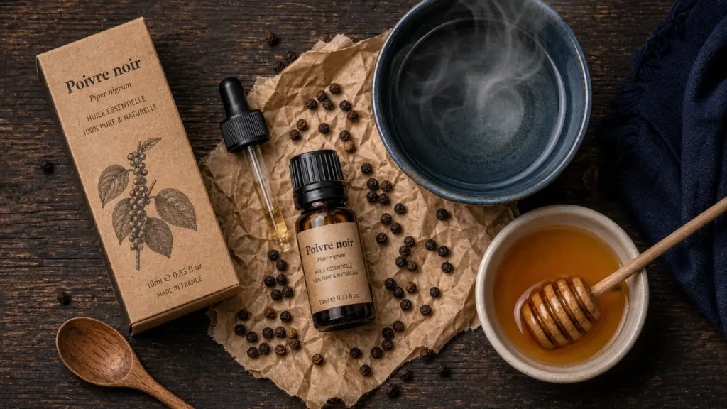 Huile essentielle de poivre noir : 5 usages précis, des muscles au sevrage tabagique