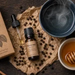 Huiles essentielles de poivre noir : flacon et grains sur fond bois