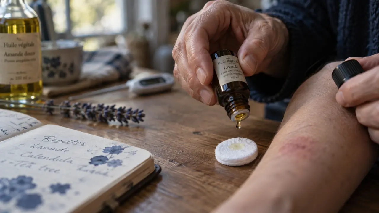 Huiles essentielles pour demangeaison : une goutte sur peau rougie, sans plaie