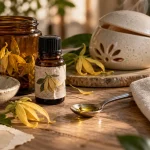 Huiles essentielles ylang ylang : flacon ambré et goutte