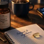Compléments alimentaires fatigue : flacon, gélule et eau pour énergie