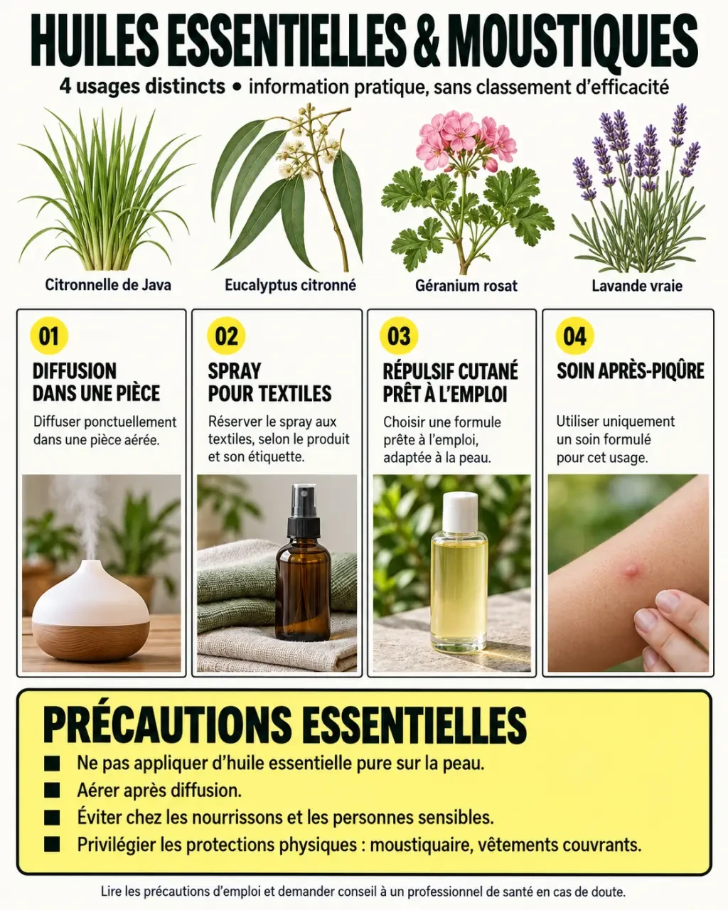 Infographie sur les huiles essentielles anti moustiques, leurs usages et précautions