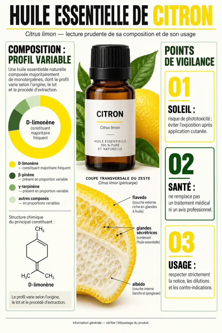 Infographie scientifique sur les bienfaits et précautions de l’huile essentielle de citron