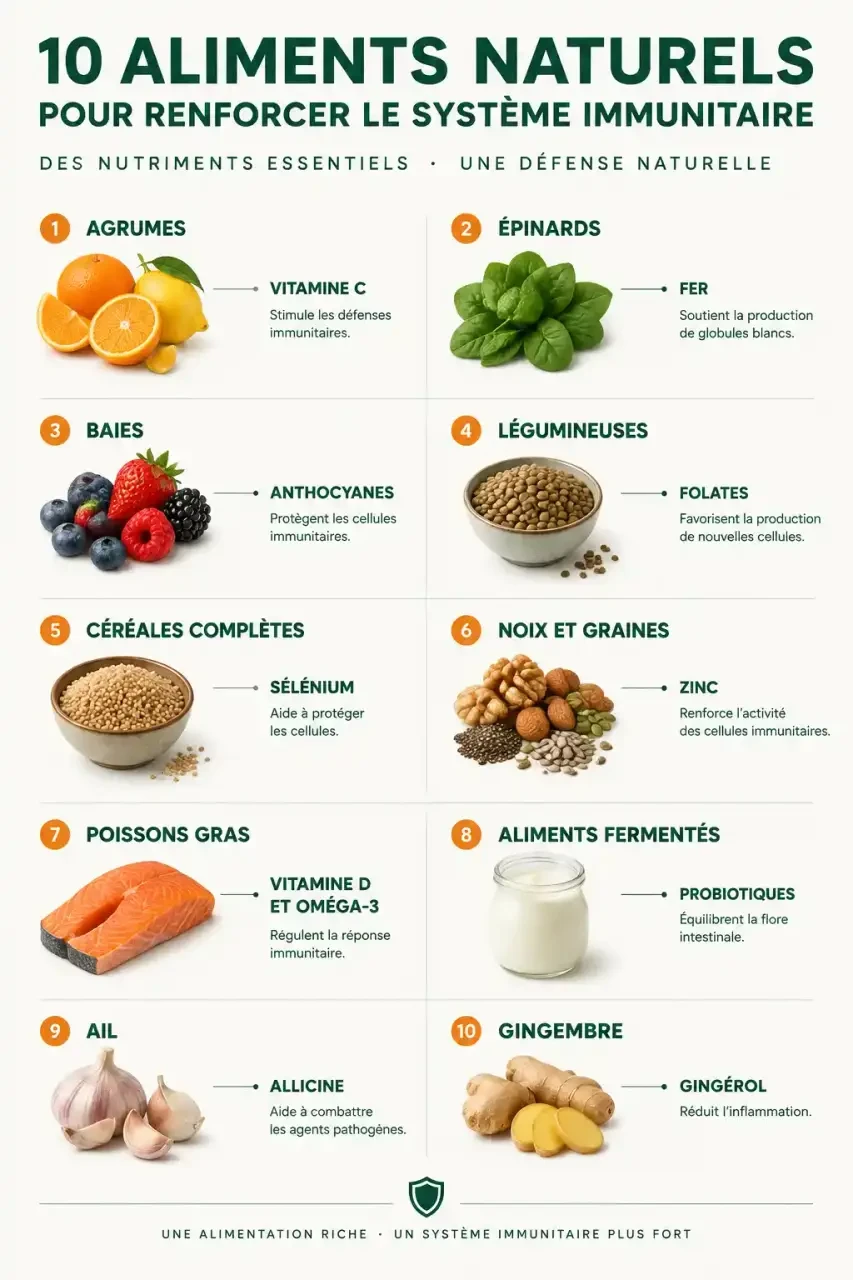 Infographie des 10 aliments naturels pour renforcer le système immunitaire et du nutriment principal de chacun