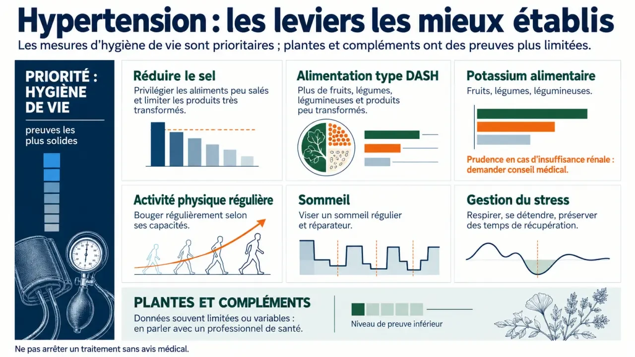 Infographie sur l’hypertension et les remèdes naturels : sel, alimentation DASH, activité physique et précautions