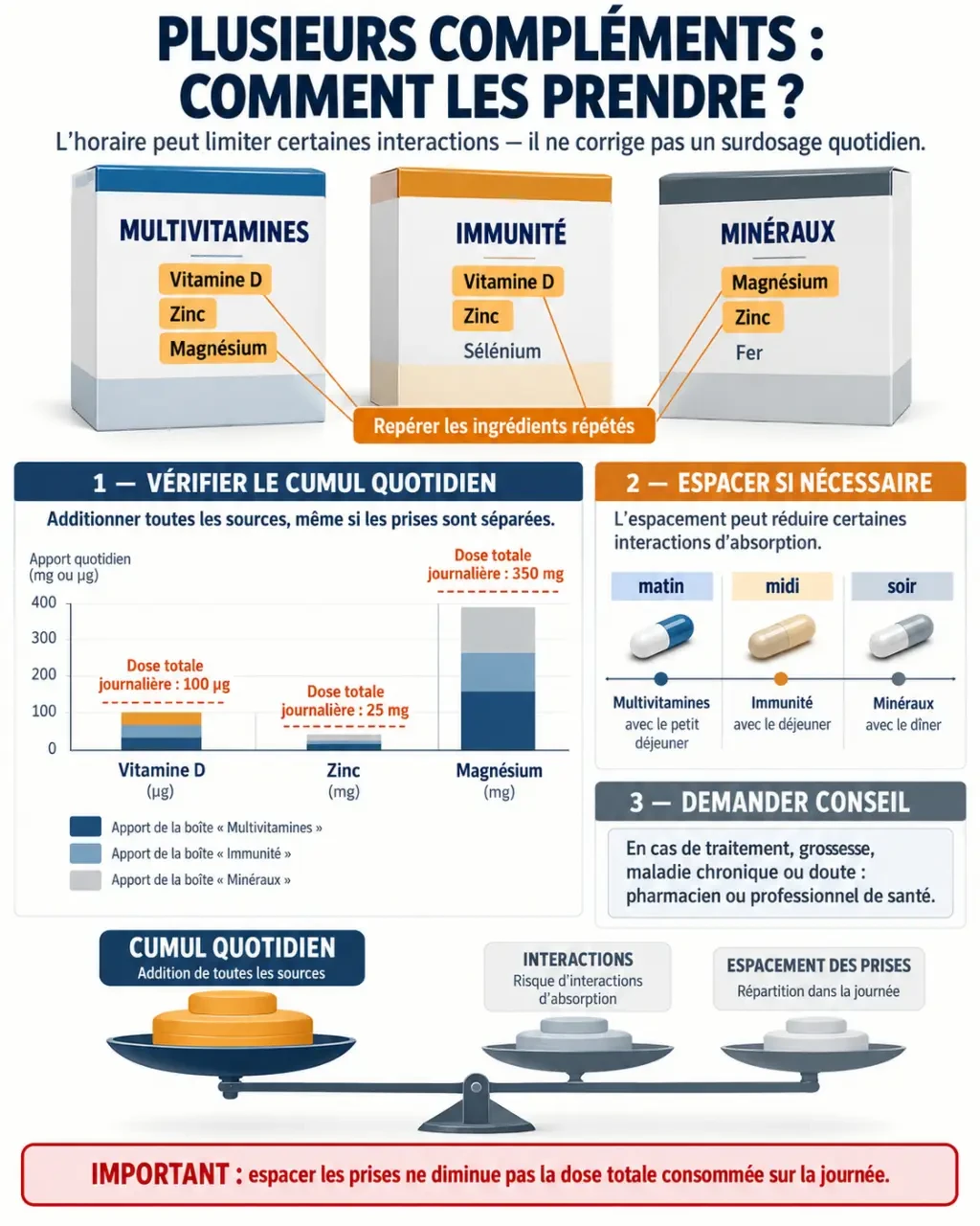 Peut-on prendre plusieurs compléments alimentaires en même temps : cumul des ingrédients et interactions