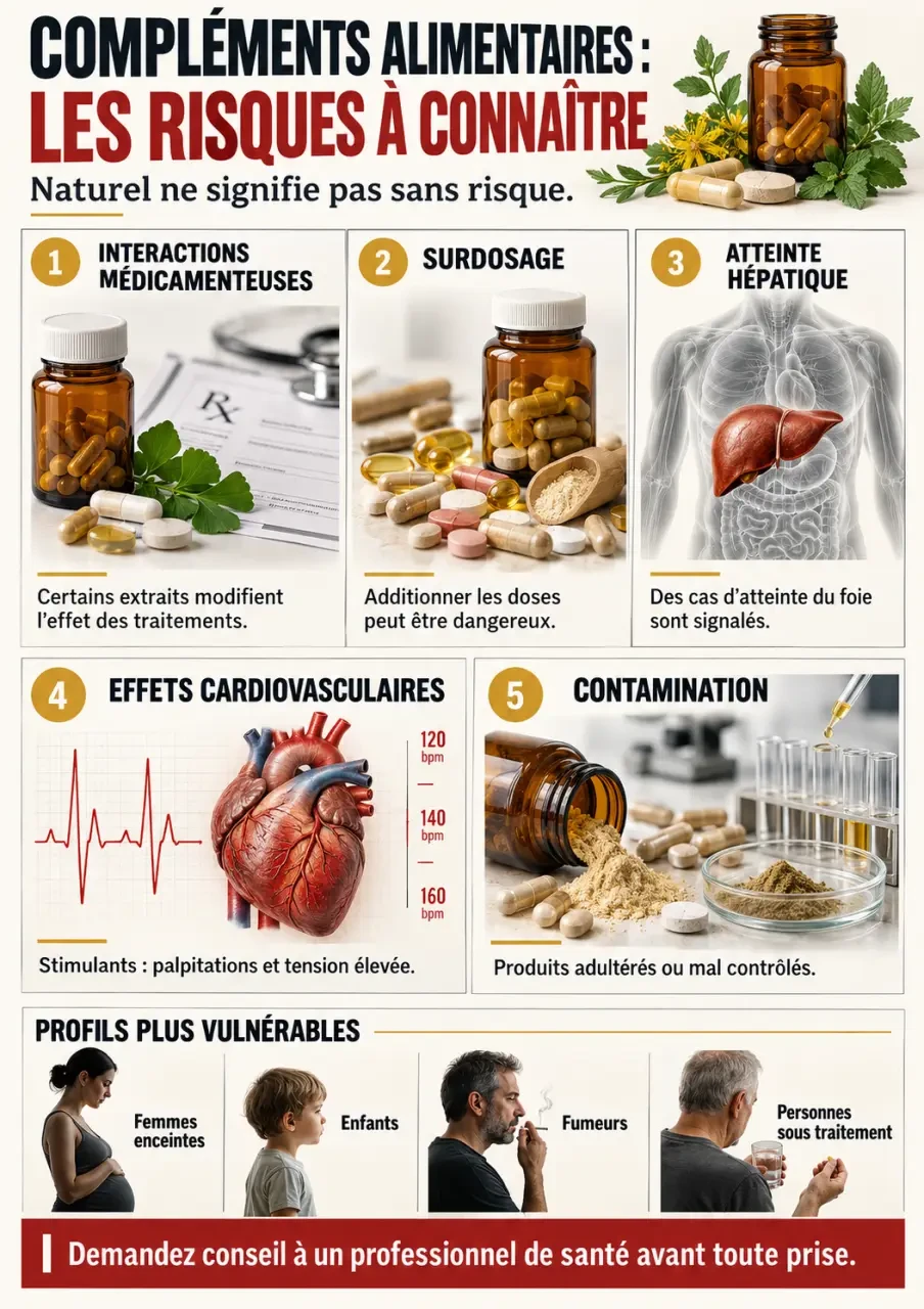 Infographie sur la liste des compléments alimentaires dangereux et les principaux risques pour la santé