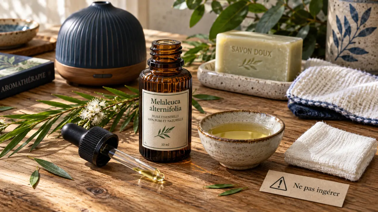 Huiles essentielles arbre à thé (tea tree) en dilution, flacon et compte-gouttes