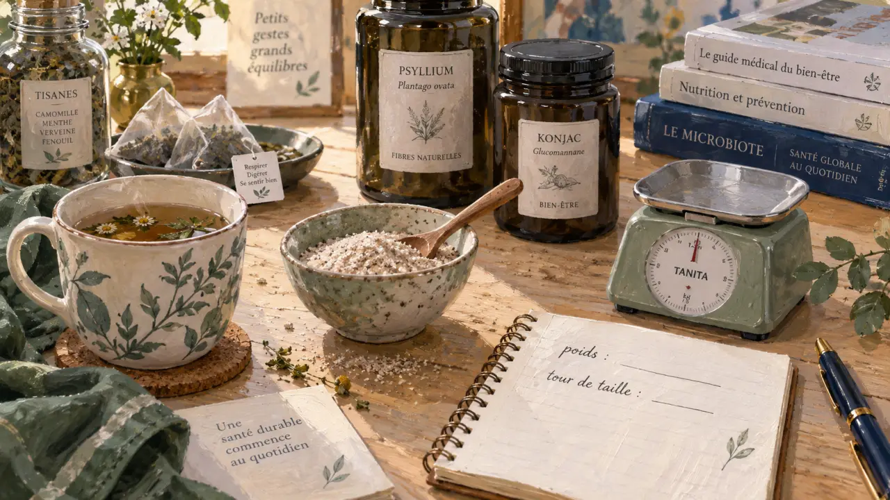 Phytothérapie pour perdre du poids : tisane et fibres de psyllium/konjac sur une table