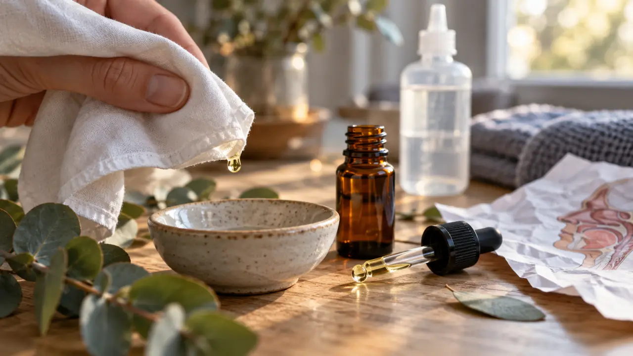 Sinusite et huiles essentielles : eucalyptus pour nez bouché, pipette et mouchoir